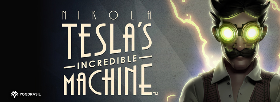 Nikola Tesla's Incredible Machine Slot Logo neben dem Entwickler mit leuchtender Brille